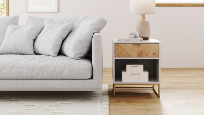 Kensi Rustic Walnut Nightstand with Herringbone Design & Matte Black Metal Base
