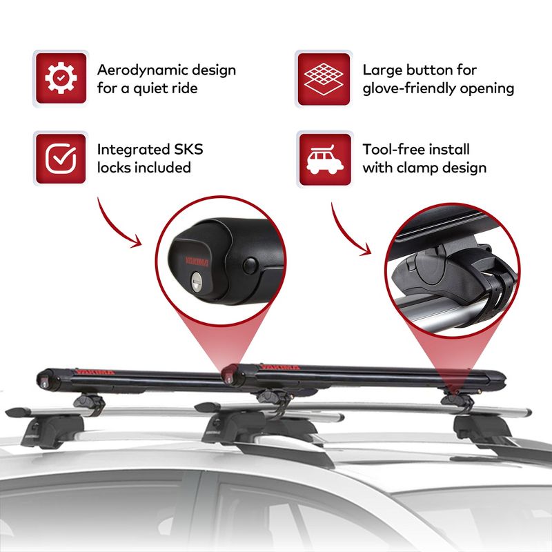 YAKIMA FatCat EVO 6, 6 Pair Skis or 4 Snowboard Universal Car Mount Travel Roof Rack w/ Expandable Hinge, SKS Lock, and Tall Binding Clearance, Black, 3 of 8