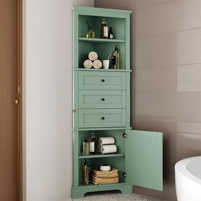 Bathroom Storage Cabinet, Triangle Storage Cabinets with 3 Drawers & Adjustable Shelf, Tall Corner Cabinet for Bath Room - Leovsnove