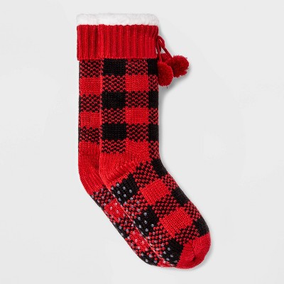 Women's Buffalo Check Plaid Sherpa Lined Slipper Socks with Poms & Grippers - Red/Black 4-10