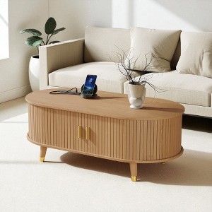 Mshliw 42.5" Oval Fluted Coffee Table with USB, Center Table with Sliding Tambour Doors & Solid Wood Legs for Living Room - 1 of 4