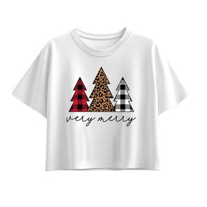 Girls' - Instant Message - Very Merry Plaid Leopard Trees Short Sleeve Boxy Graphic T-Shirt - 1 of 2