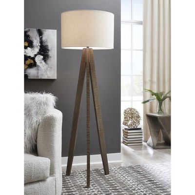 Contemporary Brown Wood Tripod Floor Lamp with Drum Shade