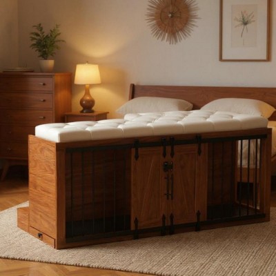 2-in-1 Wooden Dog Crate and End-of-Bed Bench Ottoman with Cushion, Furniture-Style Indoor Kennel for Bedroom or Living Room-The Pop Home