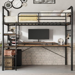 Acekool Twin Loft Bed with L-Shaped Desk, 2 Open Shelves, Mesh Panel, Guardrail, Ladder - 1 of 4