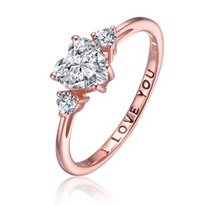 Guili Sterling Silver Three-Stone "I Love You" Ring with Heart Cubic Zirconias for a Timeless, Sparkling Look. White, Gold, or Rose Gold. Sizes 6-8. - 1 of 3