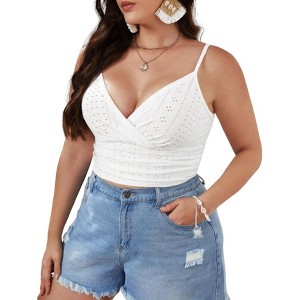 Plus Size Eyelet Cami Top V-Neck Spaghetti Strap Crop Top Casual & Beach Summer Top - 1 of 4