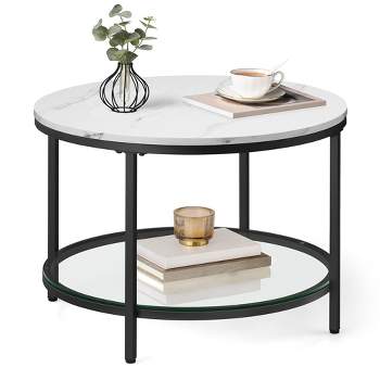 VASAGLE Round Coffee Table, Small Coffee Table with Faux Marble Top and Glass Storage Shelf, 2-Tier Circle Coffee Table
