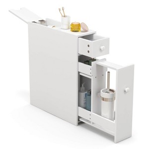 Costway Bathroom Floor Cabinet Toilet Narrow Storage Organizer with Flip Top White - 1 of 4