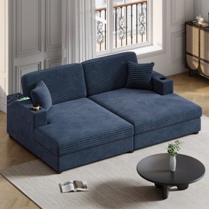 86.5'' Sleeper Sectional Sofa with Chaise Lounge, Oversized Corduroy Sofa Bed with USB Ports & Cup Holders for Living Room Bedroom-3irtyhousy - 1 of 4