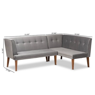 Mid-Century Modern Grey Velvet and Walnut Wood 2-Piece Dining Bench Set