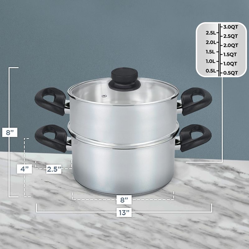 Nevlers Steamer Pot | 3 Quart Sauce Pot with 2 Qt Steamer Insert and Vented Lid - Stainless Steel, 4 of 9