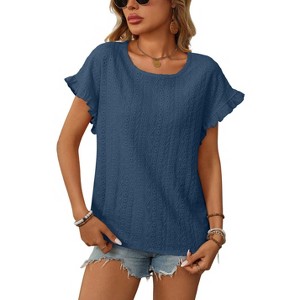 Clearlove Eyelet Tops for Women Summer Scoop Neck Cute Ruffled Short Sleeve T-Shirts Elegant Sweet Lady Tunic Blouses - 1 of 4