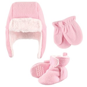Hudson Baby Infant Girls Trapper Hat, Mitten and Bootie Set, Light Pink - 1 of 4