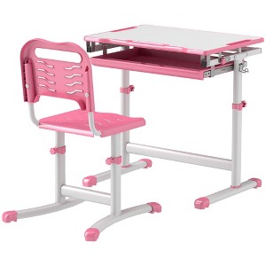 Yinvani Kids Desk and Chairs Set with Tilt Desktop, Storage Drawer, Pen Slot, Hook, Pink - 1 of 4