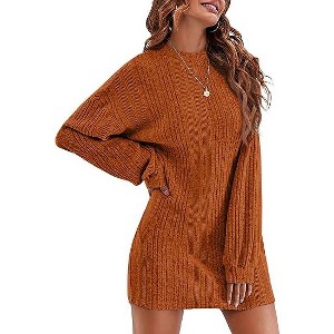 Ekouaer Women's Nightgown Long Sleeve Ribbed Knit Nightshirt Round Neck Sleep Shirt Soft Sweater Dress - 1 of 4