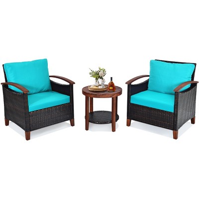 Tangkula 3-Piece Patio Rattan Bistro Set Acacia Wood Frame Sofa and Side Table