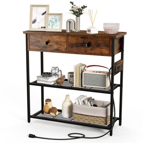 Costway Entryway Table With Charging Station Narrow Console Table With 2  Drawers Brown/oak : Target