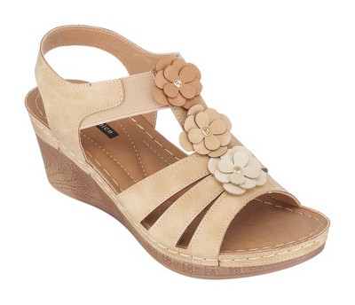 GC Shoes Beck Elastic Flower Comfort Slingback Wedge Sandals
