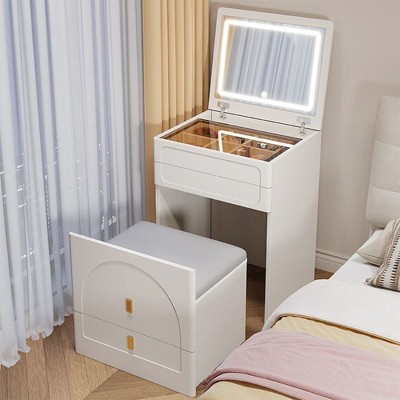 KTMBDW 3 in 1 Vanity Desk with Flip Top Mirror,Small Make Up Vanity Set with Visible Glass Desktop and 3 Drawers,Cushioned Tool for Bedroom, White