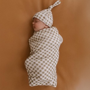 Makemake Organics Organic Swaddle Blanket & Hat Set - Olive Gingham - 1 of 4