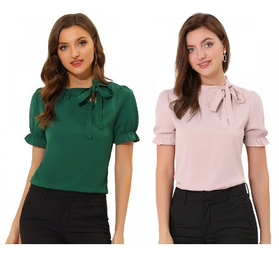 Allegra K Women's Elegant Bow Tie Neck Elastic Cuffs Office Short Sleeve Blouse 2 Pcs