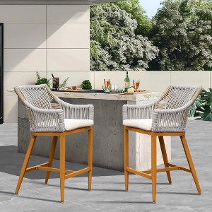 Kumasinova Teak-Finish Outdoor Counter Height Bar Stools Set of 2, All-Weather Rope Backrest Counter Stools, Modern Boho Counter Height Stools - 1 of 4