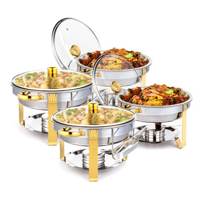 ROVSUN 4 Pack 5 Quart Chafing Dish Set Gold Accent, Round NSF Stainless Steel Buffet Warmer Chafers with Glass Lid/Lid Holder for Party Wedding Dinner