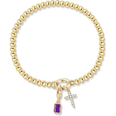 Free bird Cross Birthstone Bracelet | Dainty 14K Gold Plated Cross Charm Bracelet | Stretchable Elastic Gold Beaded Bracelet