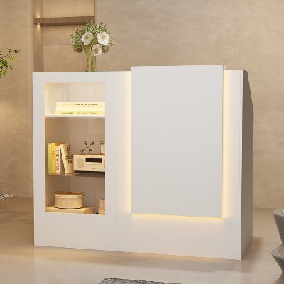 FUFU&GAGA Sleek White Reception Counter with LED Lighting & Tempered Glass Shelves