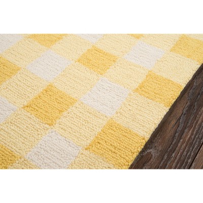 Yellow and White Checkered Polyester Handmade Area Rug