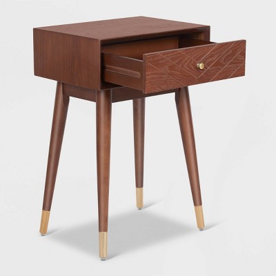 Walnut Brown Mid-Century Modern Side Table with Brass Accents