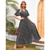 Coolmee Women Boho Floral Casual Smocked Ruffled Short Sleeve Dress Elegant V-Neck Split Maxi Dress - 3 of 4