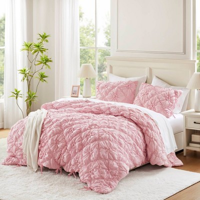Sapphtopaz Comforter Set Puffy Bedding Set Elastic Ruching Embroidery Textured Floral Quilting Quilt