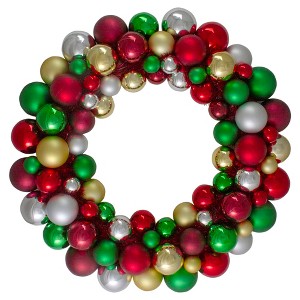 Northlight Traditional 2-Finish Shatterproof Ball Christmas Wreath - 24" - Multicolor - Unlit - 1 of 4