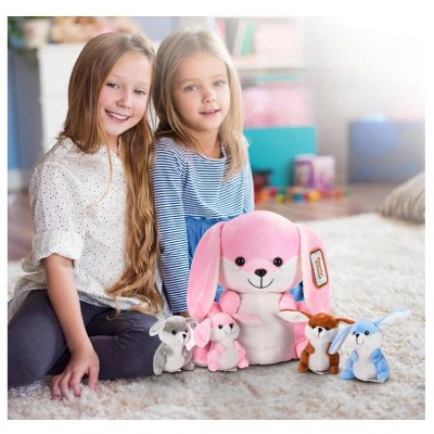 Pink Plush Bunny with Four Baby Rabbits Set