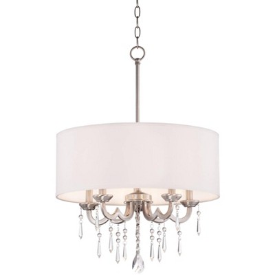 Possini Euro Design Brushed Nickel Pendant Chandelier 20 1/4" Wide Modern Crystal Off White Drum Shade 5-Light Fixture Dining Room