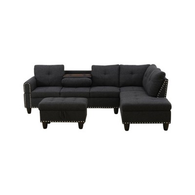 DOMETOUR 3-Piece Linen Sofa L Shaped Sofa for Living Room Black Gray