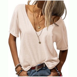 Imily Bela Womens T Shirt Deep V Neck Short Sleeve Casual Fit Basic Fashion Top - 1 of 3