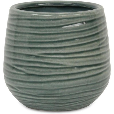 Cheung's Fairloam Round Curved Wave Lined Pattern Ceramic Pot- Large - Green