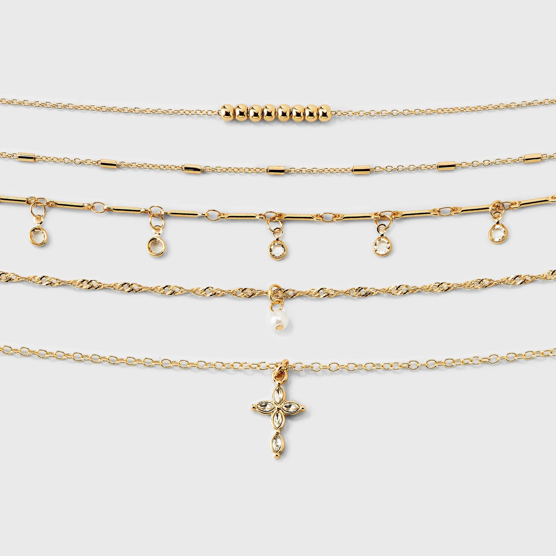 Mixed Chain Marquise Cross Gem Dangle Choker Necklace Set 5pc - Wild Fable™ Gold