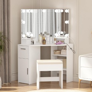WhizMax Corner Vanity Desk with Mirror and Lights, Makeup Vanity Table with Lights with 2 Drawers & Stool - 1 of 4