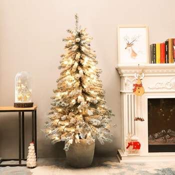 LuxenHome 4.4' Pre-Lit LED Artificial Flocked Fir Christmas Tree with Pot Planter Off-White