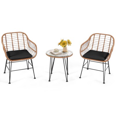 Tangkula 3PCS Patio Rattan Furniture Set with Round Tempered Glass Top Table & 2 Rattan Armchairs White/Turquoise/Red/Black/Gray/Navy