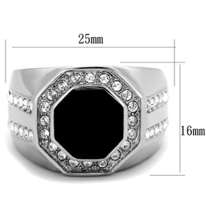 Slickblue Men’s Silver Black Steel Ring, Black Octagonal Synthetic Crystal, Halo Accent, Polished Finish, Size 8–13 - 1 of 4