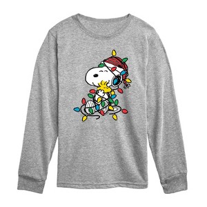 Boys' - Peanuts - Snoopy Woodstock Christmas Lights Long Sleeve Graphic T-Shirt - 1 of 4