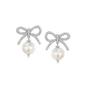 Ross-Simons 9-9.5mm Cultured Pearl and .60 ct. t.w. White Topaz Bow Drop Earrings in Sterling Silver - 1 of 3