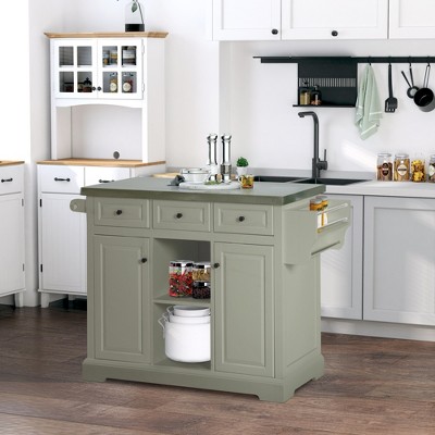 Gray Stainless Steel Top Kitchen Cart with Spice Rack and Storage