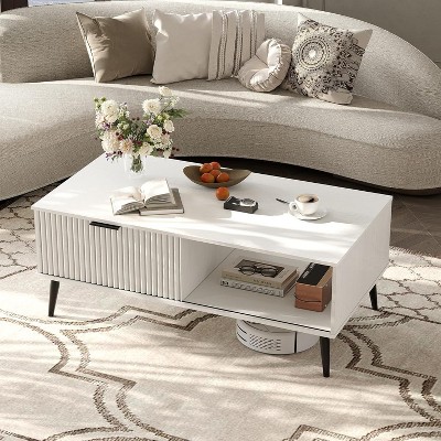 2-Tier Farmhouse Coffee Table–Sliding Wave Pattern Door & Storage,Modern Wooden Center Table for Living Room & Office