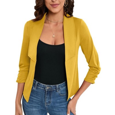 Whizmax Women's 3/4 Sleeve Blazer Casual Open Front Cardigan Shrugs Ruched Sleeve Office Cropped Blazer Jacket yellow 2XL